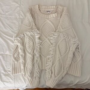 For The Republic Cream Cable Fringe Crewneck Sweater